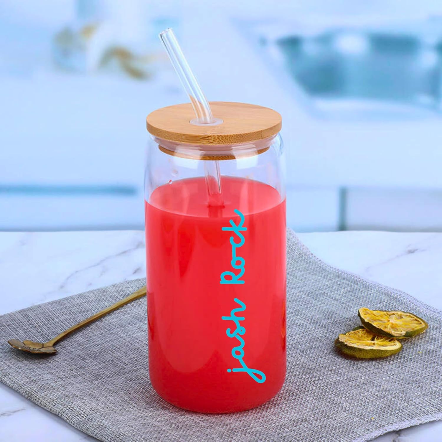 Personalized / Customized Round Can Bamboo Glass Sipper / Tumbler with Straw and Lid With Name, Quote UV Prints - Kunya Personalize At Ease