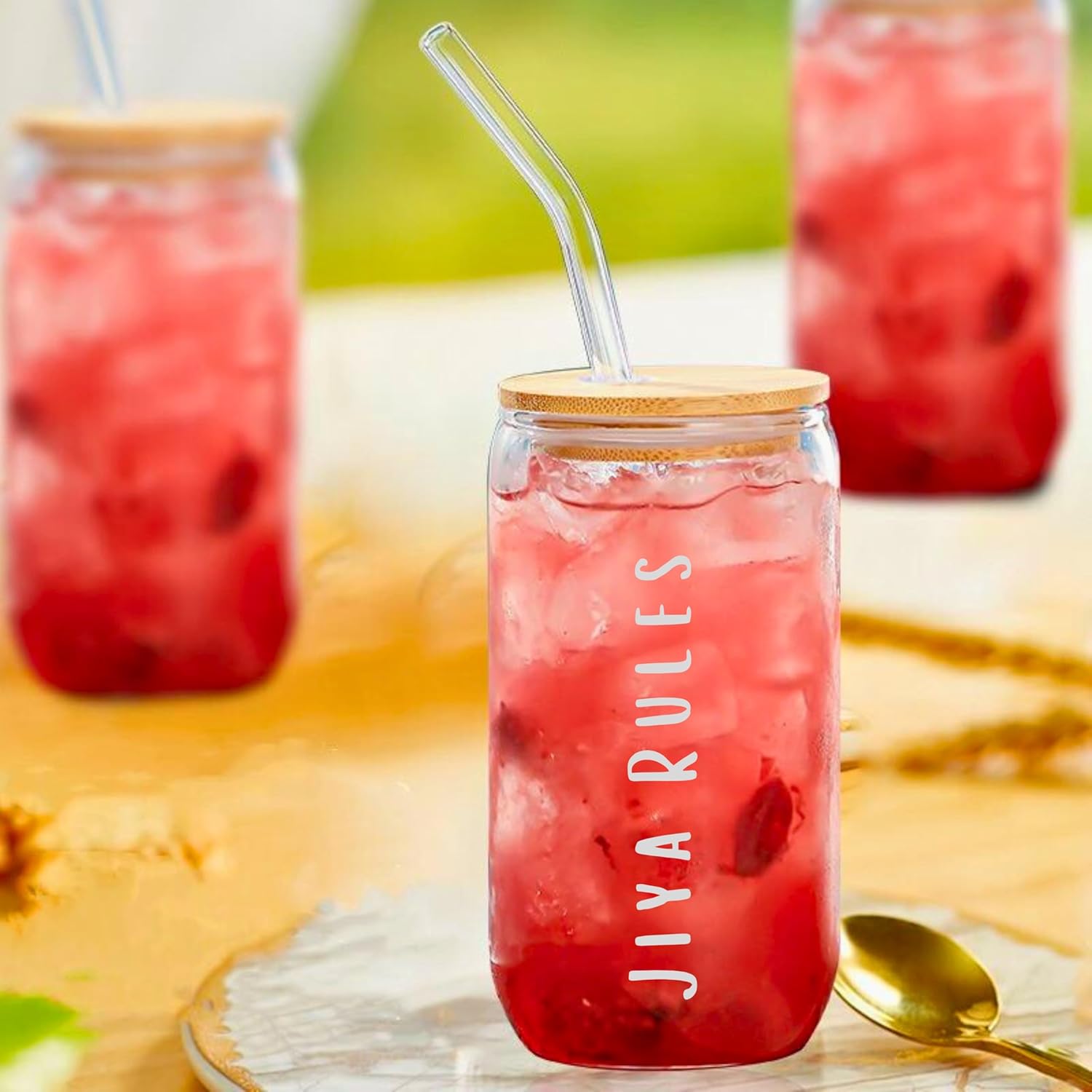 Personalized / Customized Round Can Bamboo Glass Sipper / Tumbler with Straw and Lid With Name, Quote UV Prints - Kunya Personalize At Ease