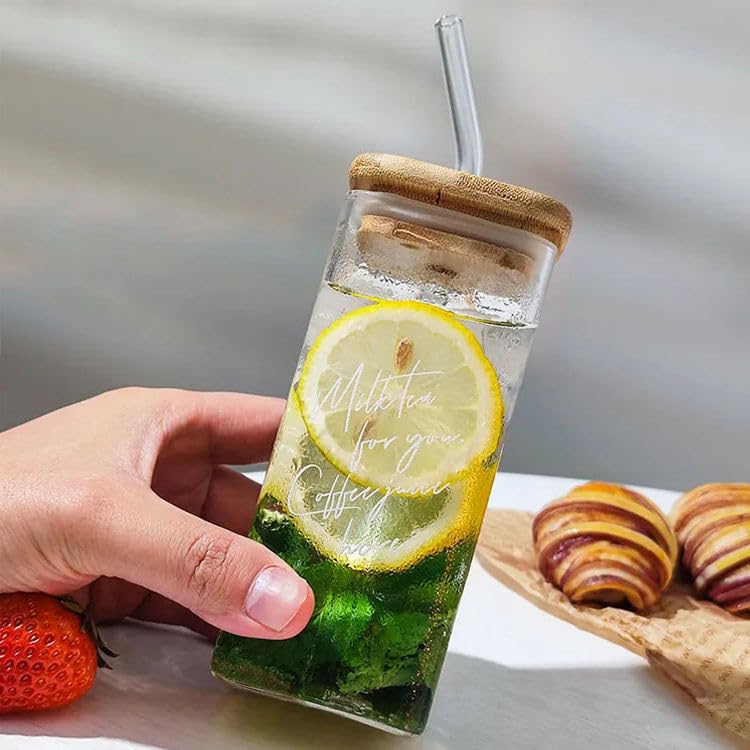 Personalized / Customized Square Bamboo Glass Sipper / Tumbler with Straw and Lid With Name, Quote UV Prints - Kunya Personalize At Ease